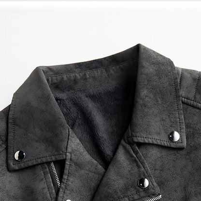 Rebel Suede Biker Jacket with Asymmetric Zip Quilted Sleeves and Snap Collar
