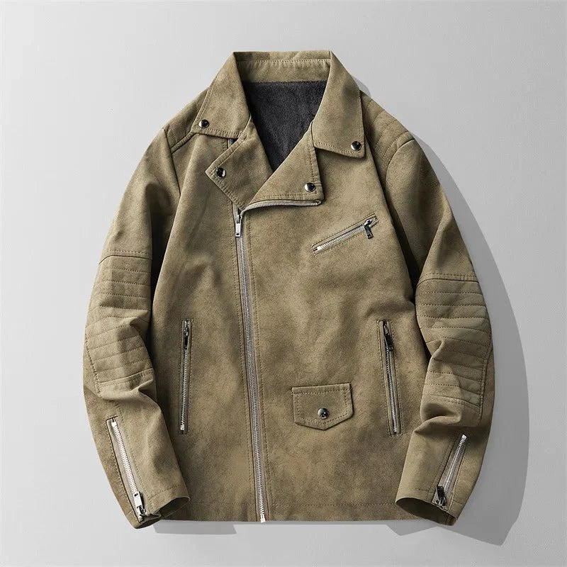 Rebel Suede Biker Jacket with Asymmetric Zip Quilted Sleeves and Snap Collar