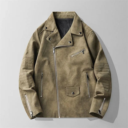 Rebel Suede Biker Jacket with Asymmetric Zip Quilted Sleeves and Snap Collar