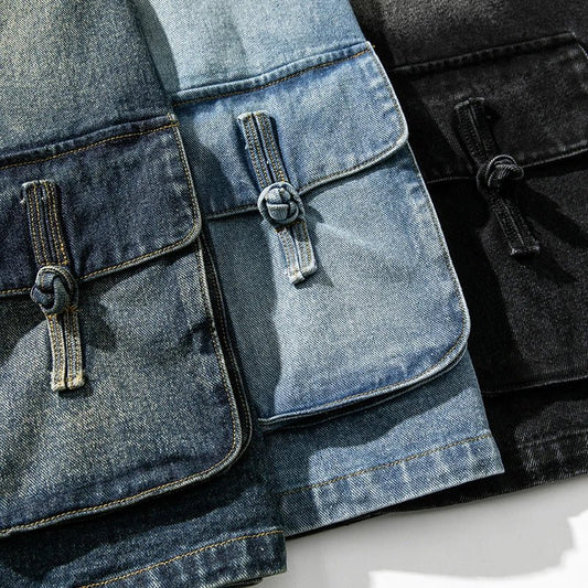 Retro Washed Denim Kimono Jacket with Toggle Front and Dual Cargo Patch Pockets