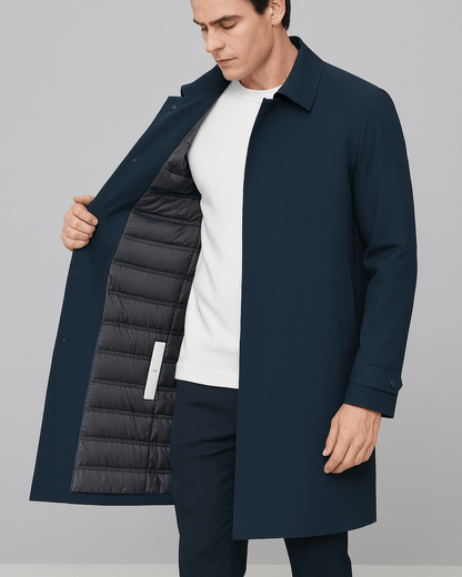 Rhode Down Trench Coat with Single Breasted Snap Front and Quilted Lining