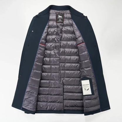 Rhode Down Trench Coat with Single Breasted Snap Front and Quilted Lining