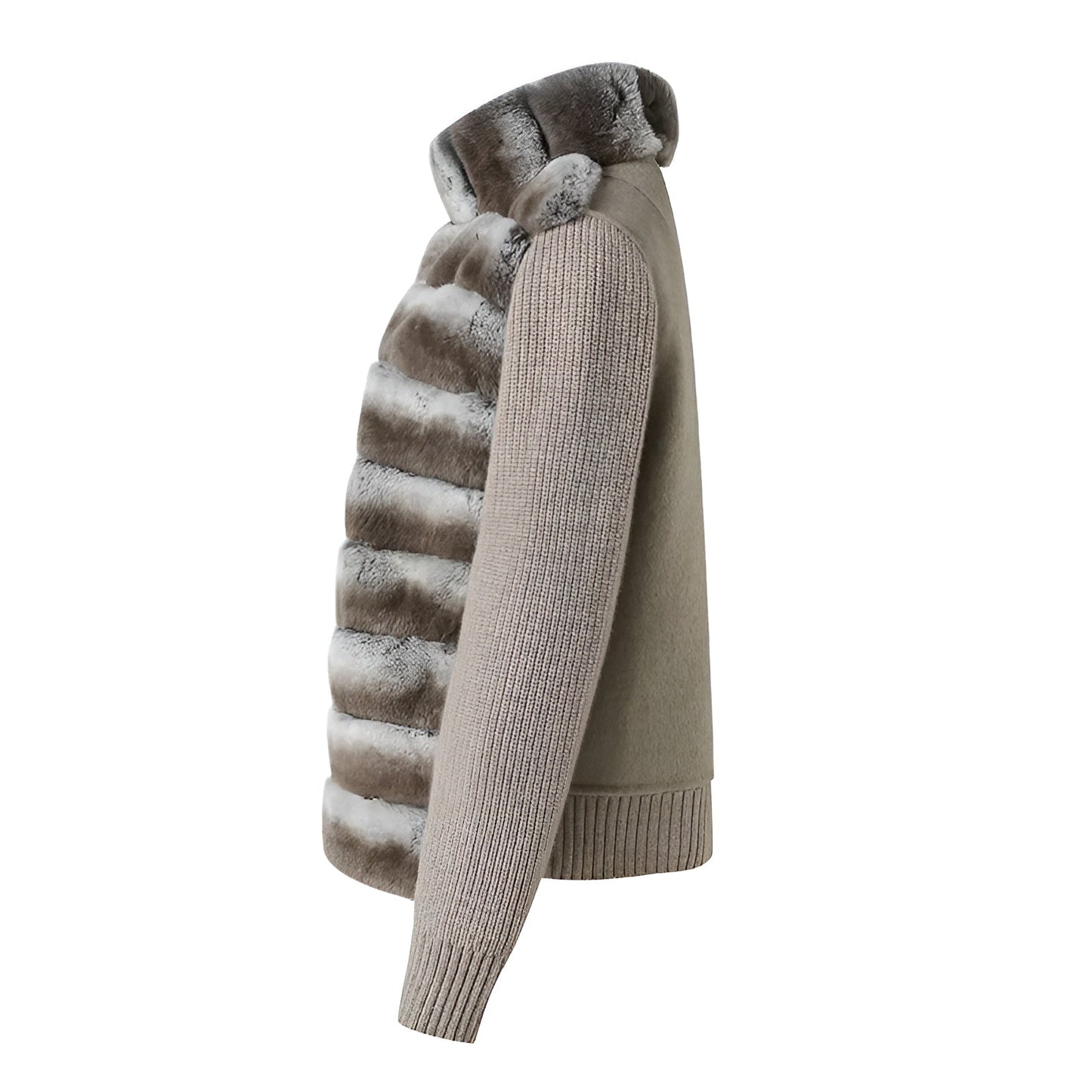 Ribbed Fur Knit Jacket with Chinchilla Faux Fur Body and Long Knit Sleeves