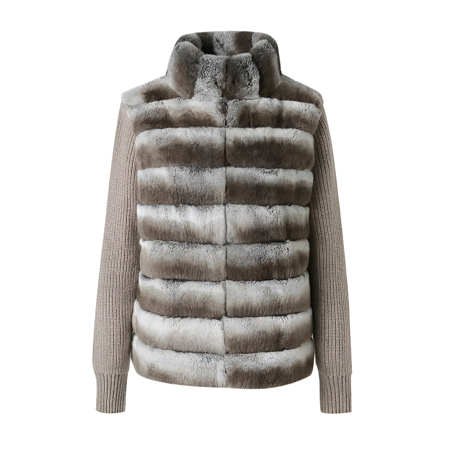 Ribbed Fur Knit Jacket with Chinchilla Faux Fur Body and Long Knit Sleeves