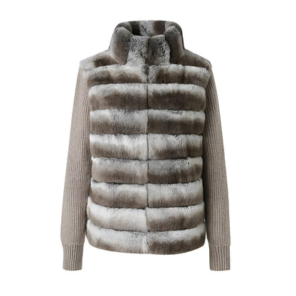 Ribbed Fur Knit Jacket with Chinchilla Faux Fur Body and Long Knit Sleeves