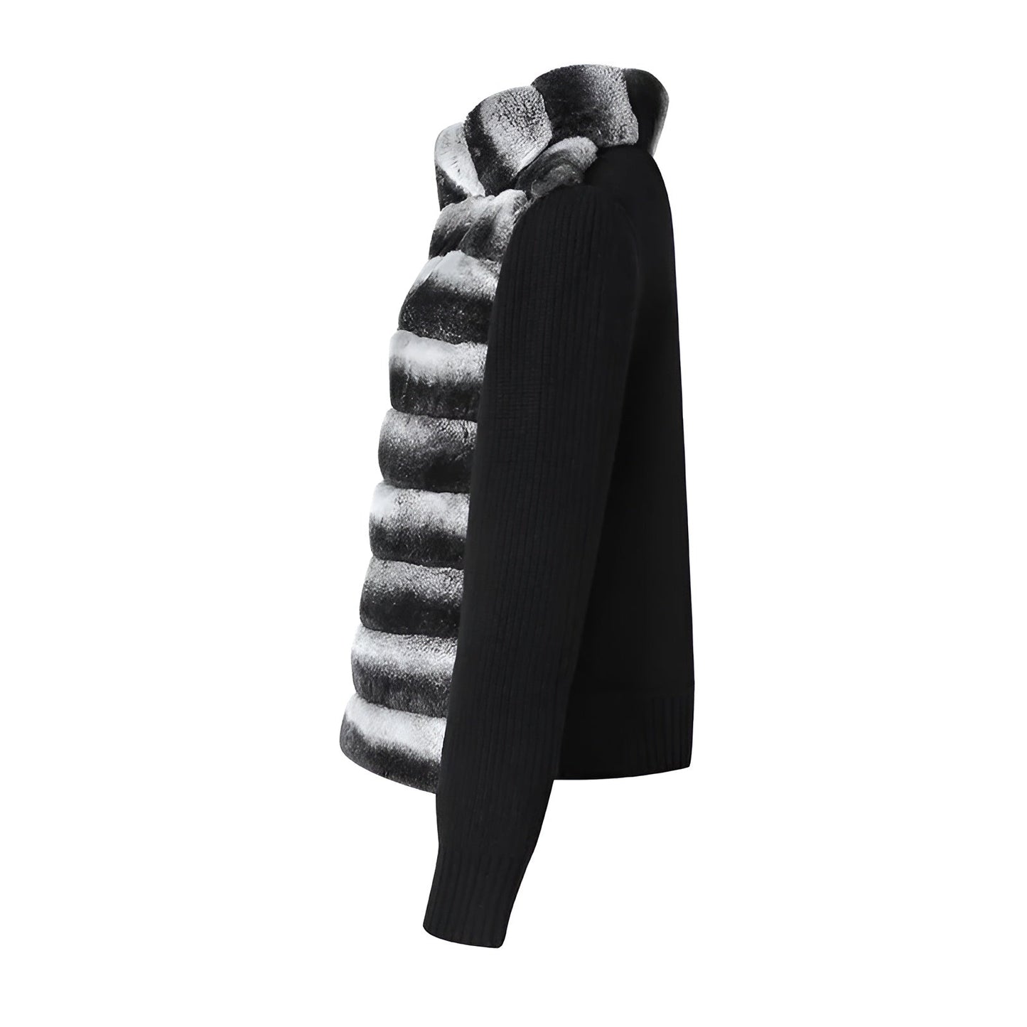 Ribbed Fur Knit Jacket with Chinchilla Faux Fur Body and Long Knit Sleeves