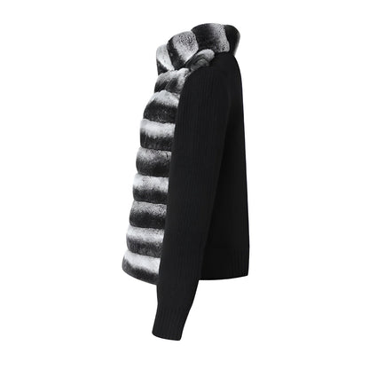 Ribbed Fur Knit Jacket with Chinchilla Faux Fur Body and Long Knit Sleeves