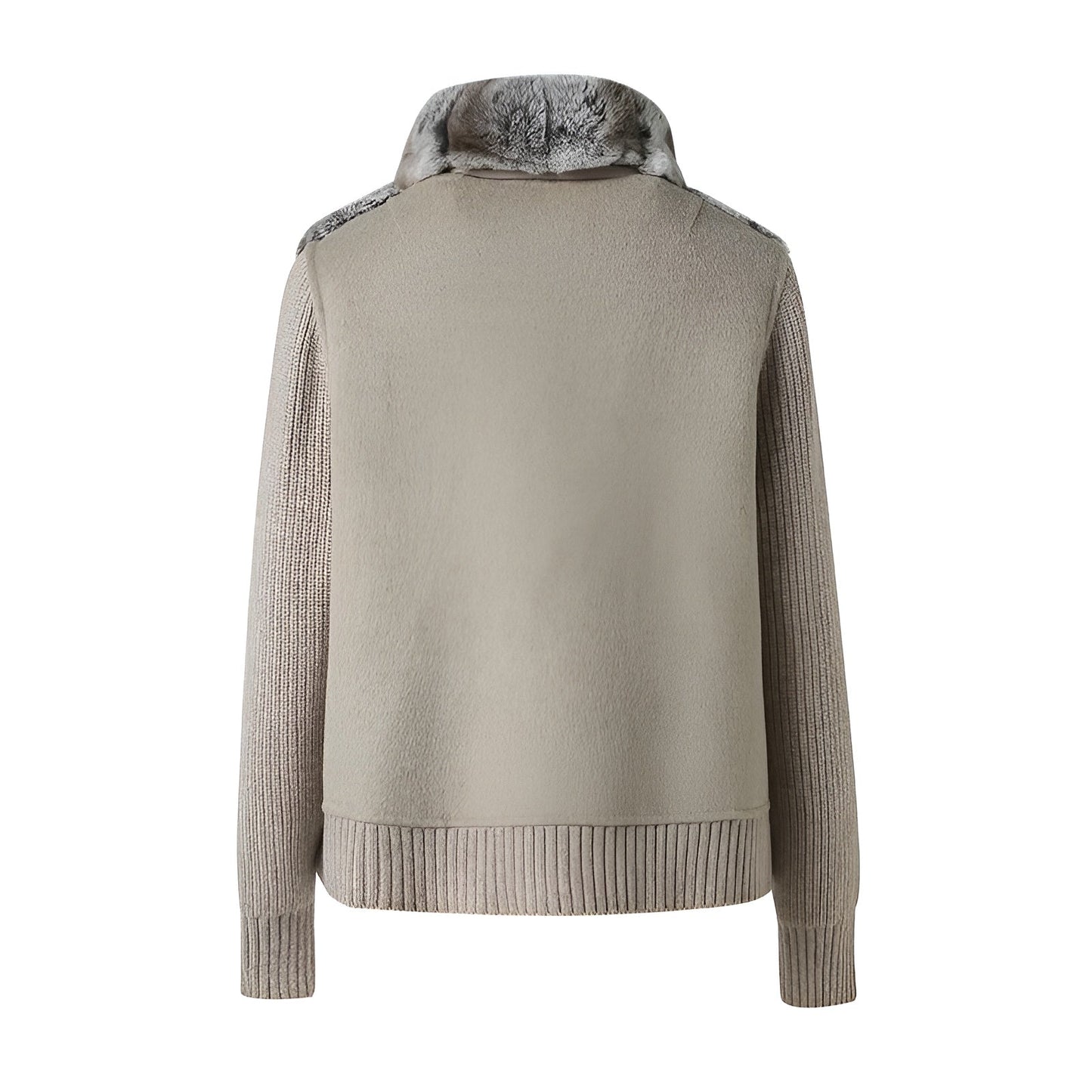 Ribbed Fur Knit Jacket with Chinchilla Faux Fur Body and Long Knit Sleeves