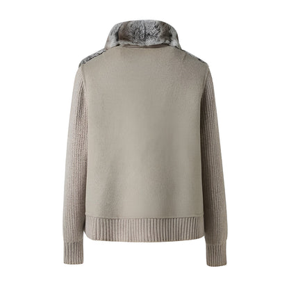 Ribbed Fur Knit Jacket with Chinchilla Faux Fur Body and Long Knit Sleeves