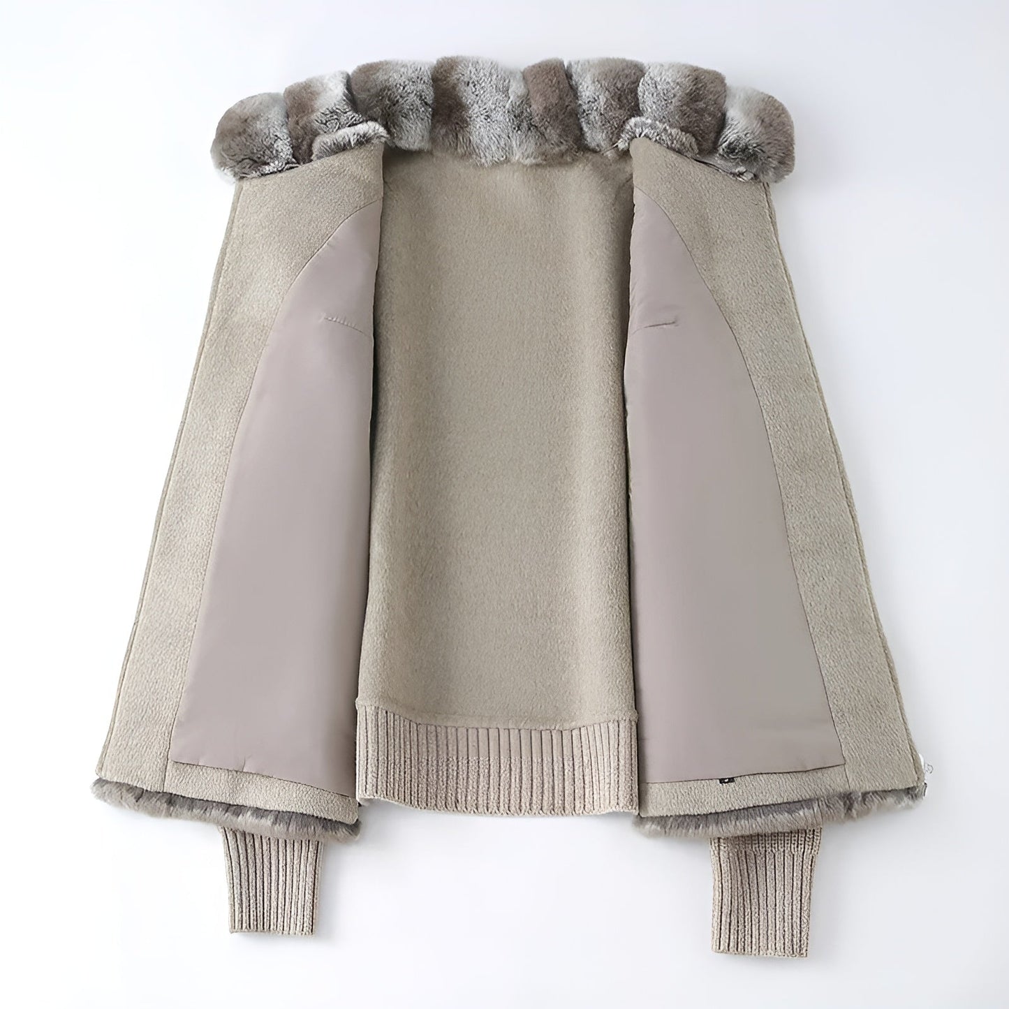 Ribbed Fur Knit Jacket with Chinchilla Faux Fur Body and Long Knit Sleeves