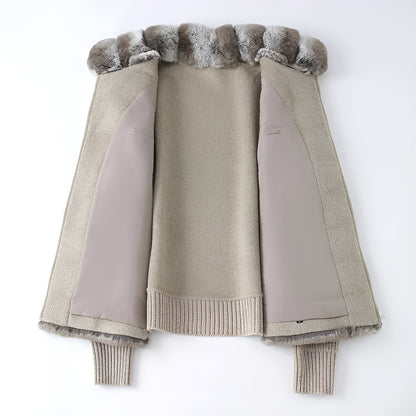 Ribbed Fur Knit Jacket with Chinchilla Faux Fur Body and Long Knit Sleeves