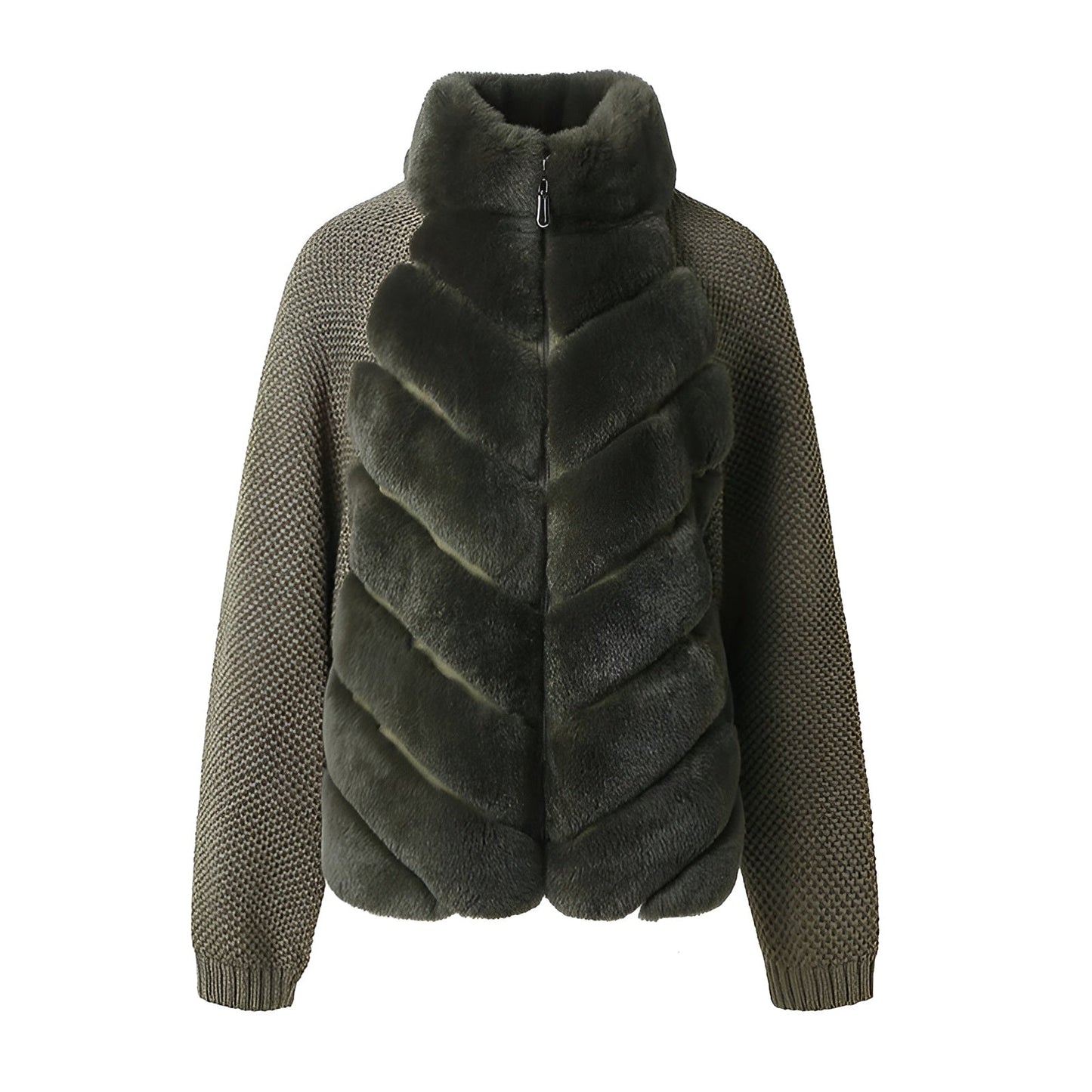 Ribbed Fur Knit Jacket with Chinchilla Faux Fur Body and Long Knit Sleeves