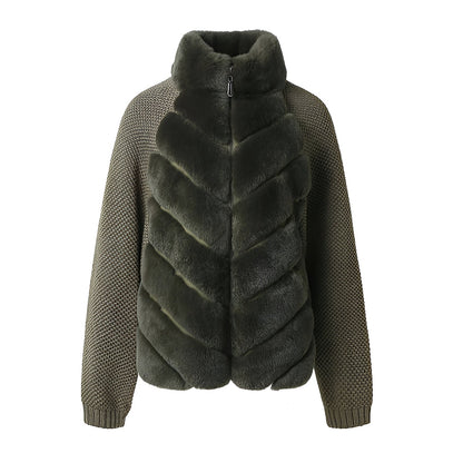 Ribbed Fur Knit Jacket with Chinchilla Faux Fur Body and Long Knit Sleeves