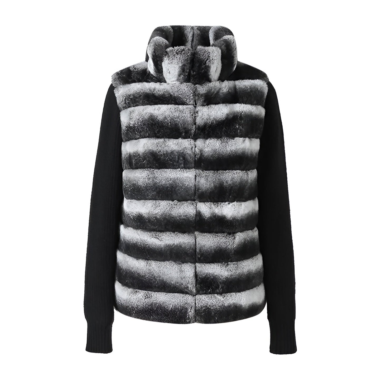 Ribbed Fur Knit Jacket with Chinchilla Faux Fur Body and Long Knit Sleeves