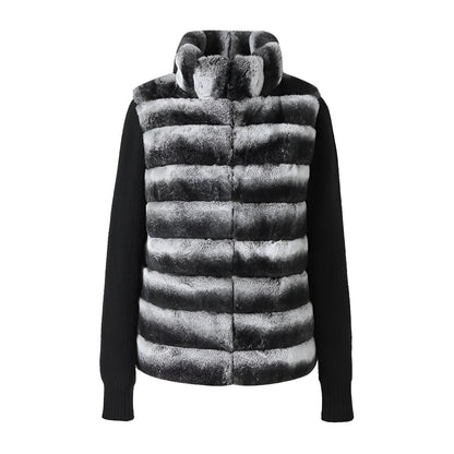 Ribbed Fur Knit Jacket with Chinchilla Faux Fur Body and Long Knit Sleeves