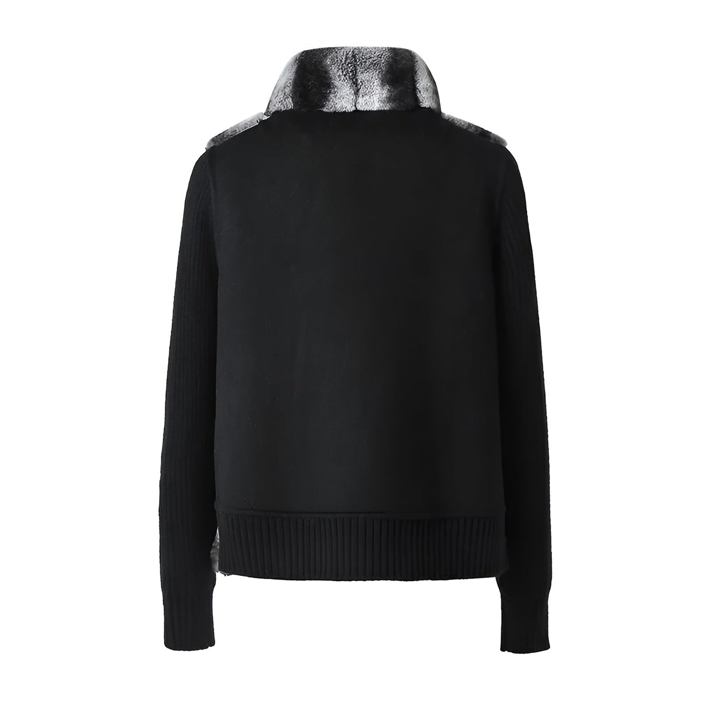Ribbed Fur Knit Jacket with Chinchilla Faux Fur Body and Long Knit Sleeves