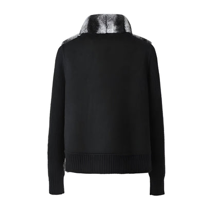 Ribbed Fur Knit Jacket with Chinchilla Faux Fur Body and Long Knit Sleeves