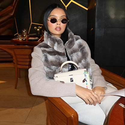 Ribbed Fur Knit Jacket with Chinchilla Faux Fur Body and Long Knit Sleeves