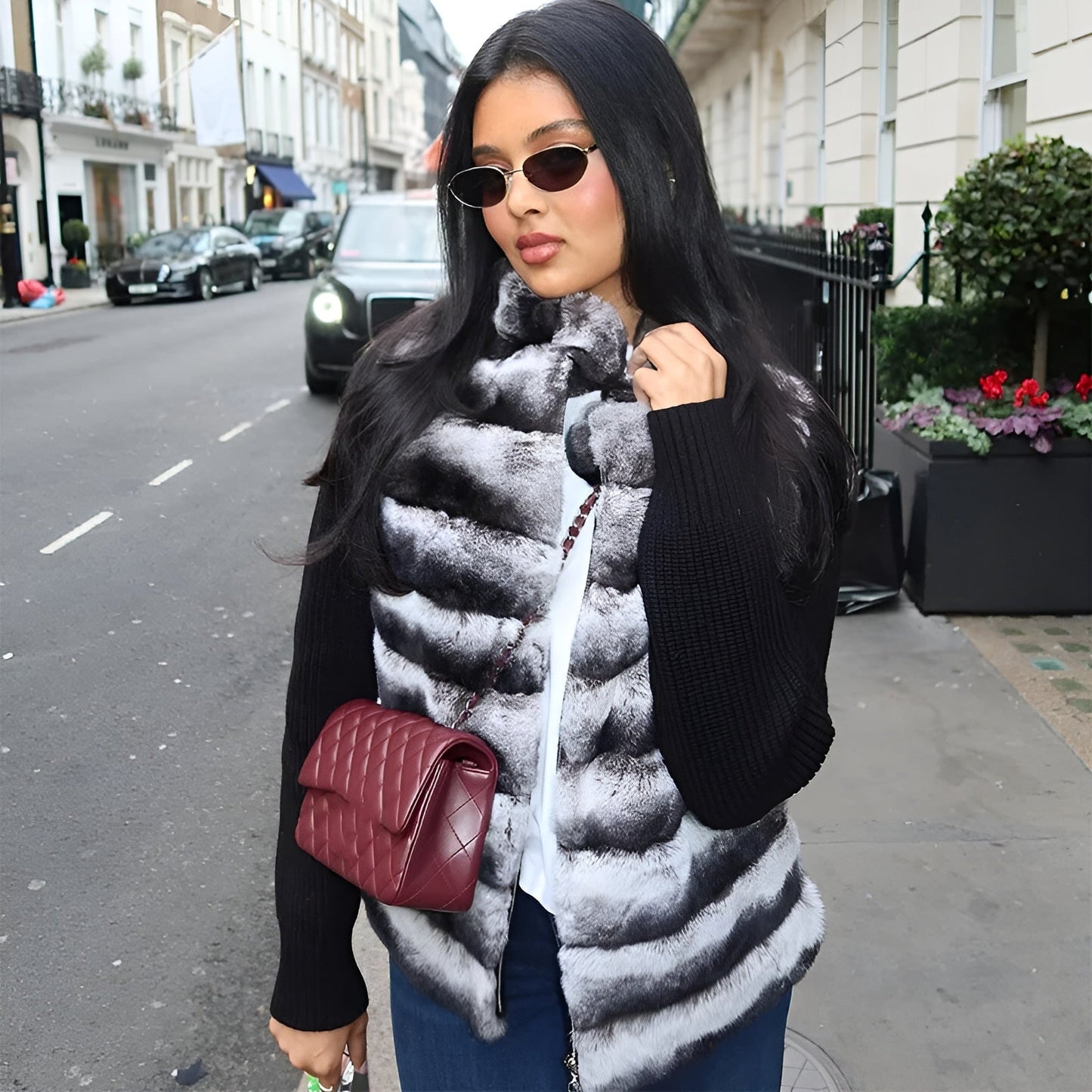 Ribbed Fur Knit Jacket with Chinchilla Faux Fur Body and Long Knit Sleeves