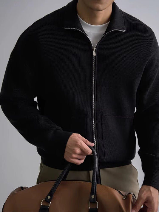 Roma Full Zip Ribbed Knit Cardigan featuring Stand Collar and Welt Pockets