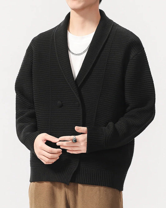 Rowan Chunky Ribbed Knit Double Breasted Cardigan with Shawl Collar and Button Front