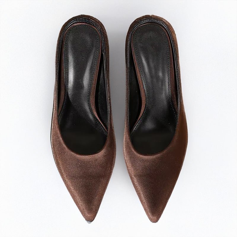 Satin Slip On Backless Mules with Pointed Toe Stiletto Heel and Low Cut Front