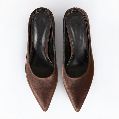 Satin Slip On Backless Mules with Pointed Toe Stiletto Heel and Low Cut Front