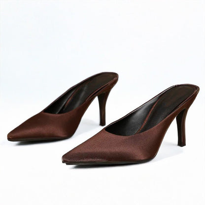 Satin Slip On Backless Mules with Pointed Toe Stiletto Heel and Low Cut Front