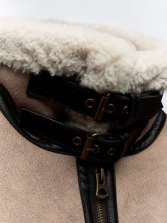 Sherpa Biker Jacket featuring Suede Shell Contrast Trim and Leather Waist Belt