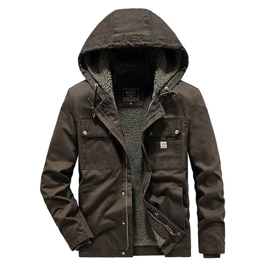 Sherpa-Lined Cotton Cargo Jacket with Hooded Design and Snap Chest Pockets