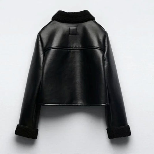 Sherpa-Lined Leather Coat with Shearling Collar and Dual Patch Pockets