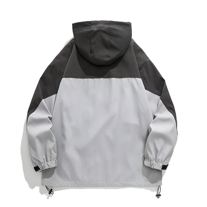 Slate Color Block Hooded Windbreaker with Chest Zip Pocket and Side Pockets