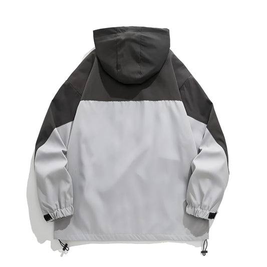 Slate Color Block Hooded Windbreaker with Chest Zip Pocket and Side Pockets