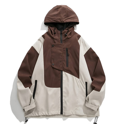 Slate Color Block Hooded Windbreaker with Chest Zip Pocket and Side Pockets