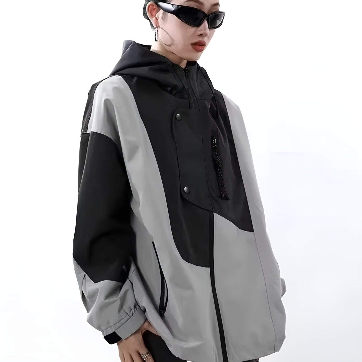 Slate Color Block Hooded Windbreaker with Chest Zip Pocket and Side Pockets
