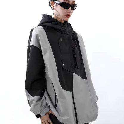 Slate Color Block Hooded Windbreaker with Chest Zip Pocket and Side Pockets