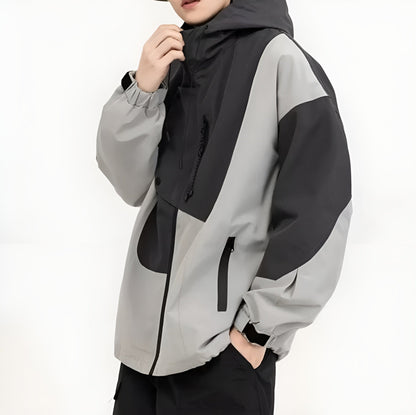 Slate Color Block Hooded Windbreaker with Chest Zip Pocket and Side Pockets