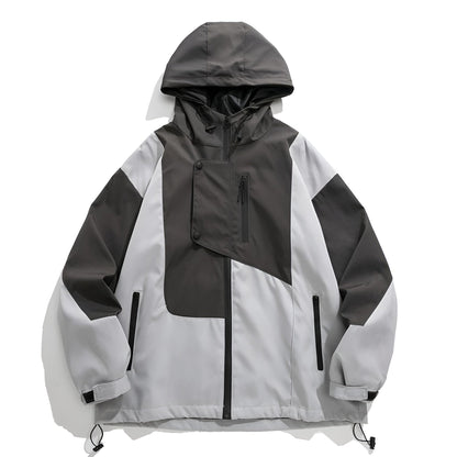 Slate Color Block Hooded Windbreaker with Chest Zip Pocket and Side Pockets