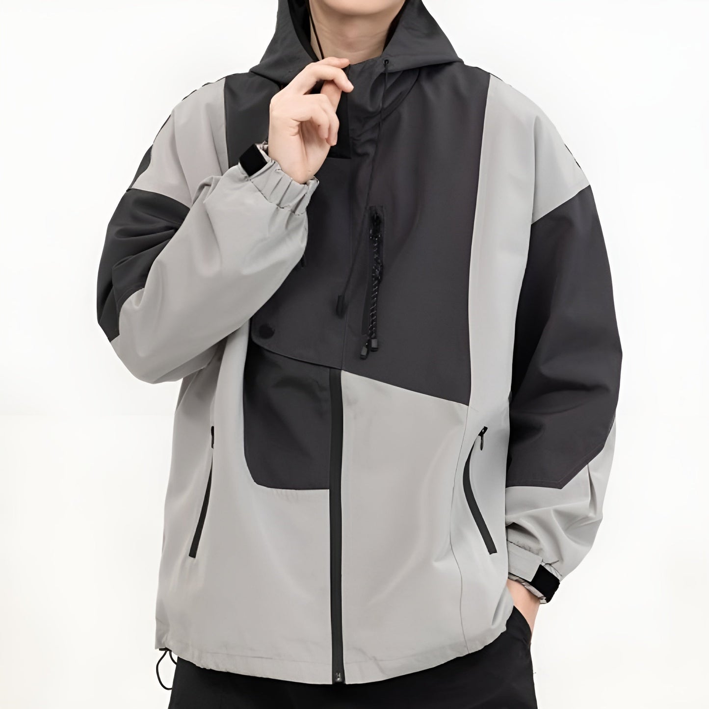 Slate Color Block Hooded Windbreaker with Chest Zip Pocket and Side Pockets