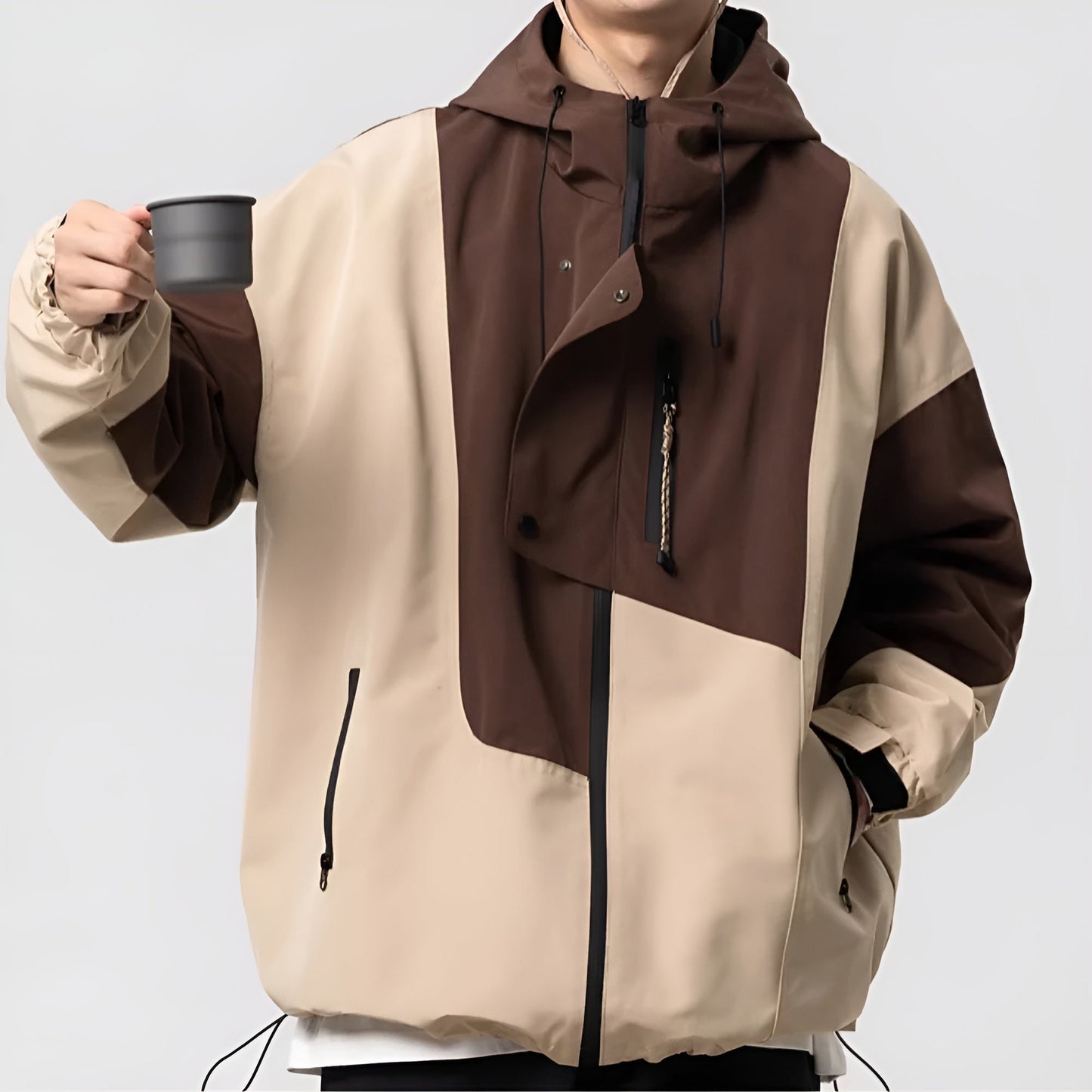 Slate Color Block Hooded Windbreaker with Chest Zip Pocket and Side Pockets