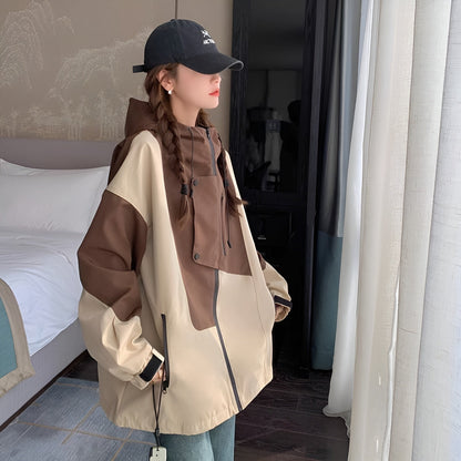 Slate Color Block Hooded Windbreaker with Chest Zip Pocket and Side Pockets