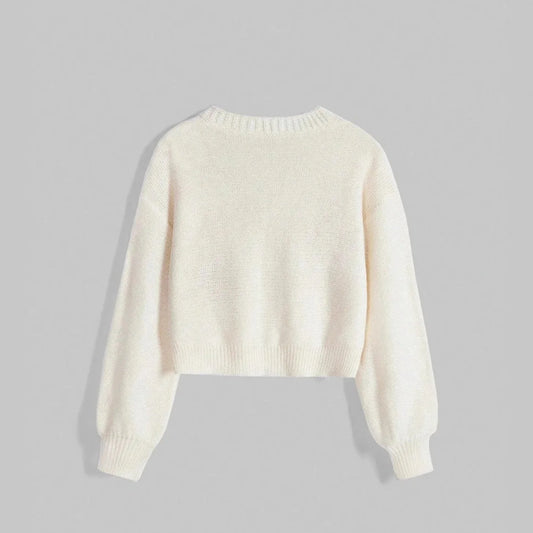 Sol and Luna Button Front V Neck Cardigan with Celestial Embroidery and Puff Sleeves