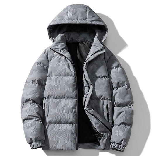 Stealth Grid Jacket with Hexagon Camo Print and Oversized Hooded Puffer