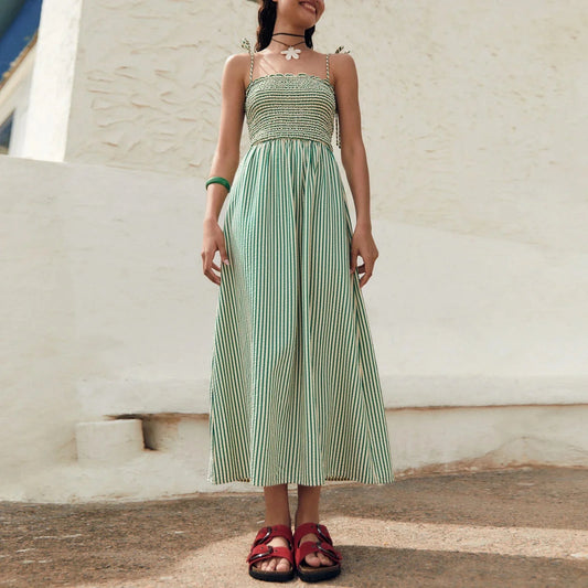 Cleo Striped Smocked Bodice Midi Sundress featuring Square Neck and Tie Shoulder Straps