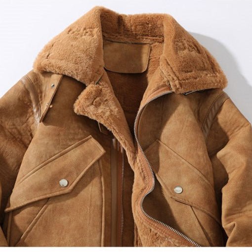 Suede Moto Jacket with Shearling Lining Lapel Collar and Oversized Snap Pockets
