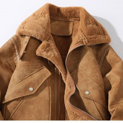 Suede Moto Jacket with Shearling Lining Lapel Collar and Oversized Snap Pockets