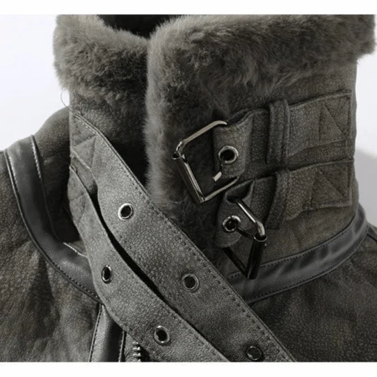 Suede Moto Jacket with Shearling Lining Lapel Collar and Oversized Snap Pockets