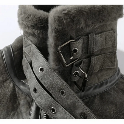 Suede Moto Jacket with Shearling Lining Lapel Collar and Oversized Snap Pockets