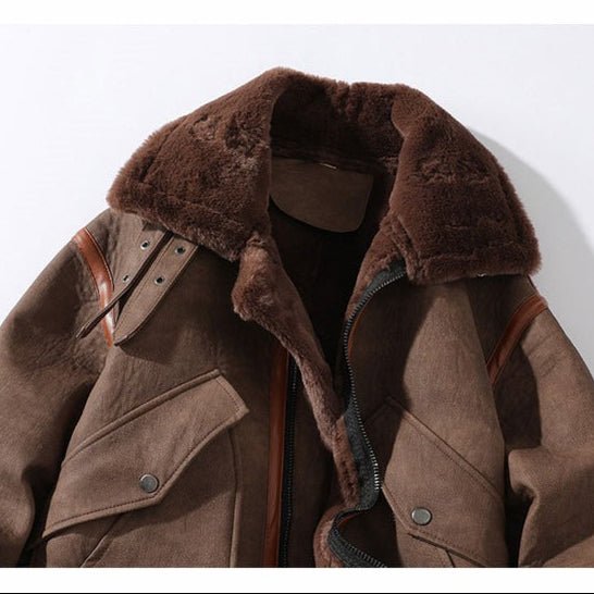 Suede Moto Jacket with Shearling Lining Lapel Collar and Oversized Snap Pockets
