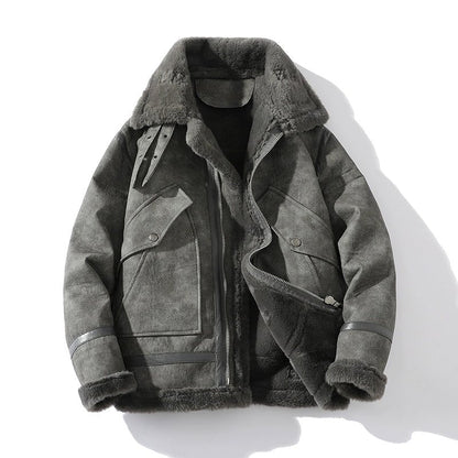 Suede Moto Jacket with Shearling Lining Lapel Collar and Oversized Snap Pockets